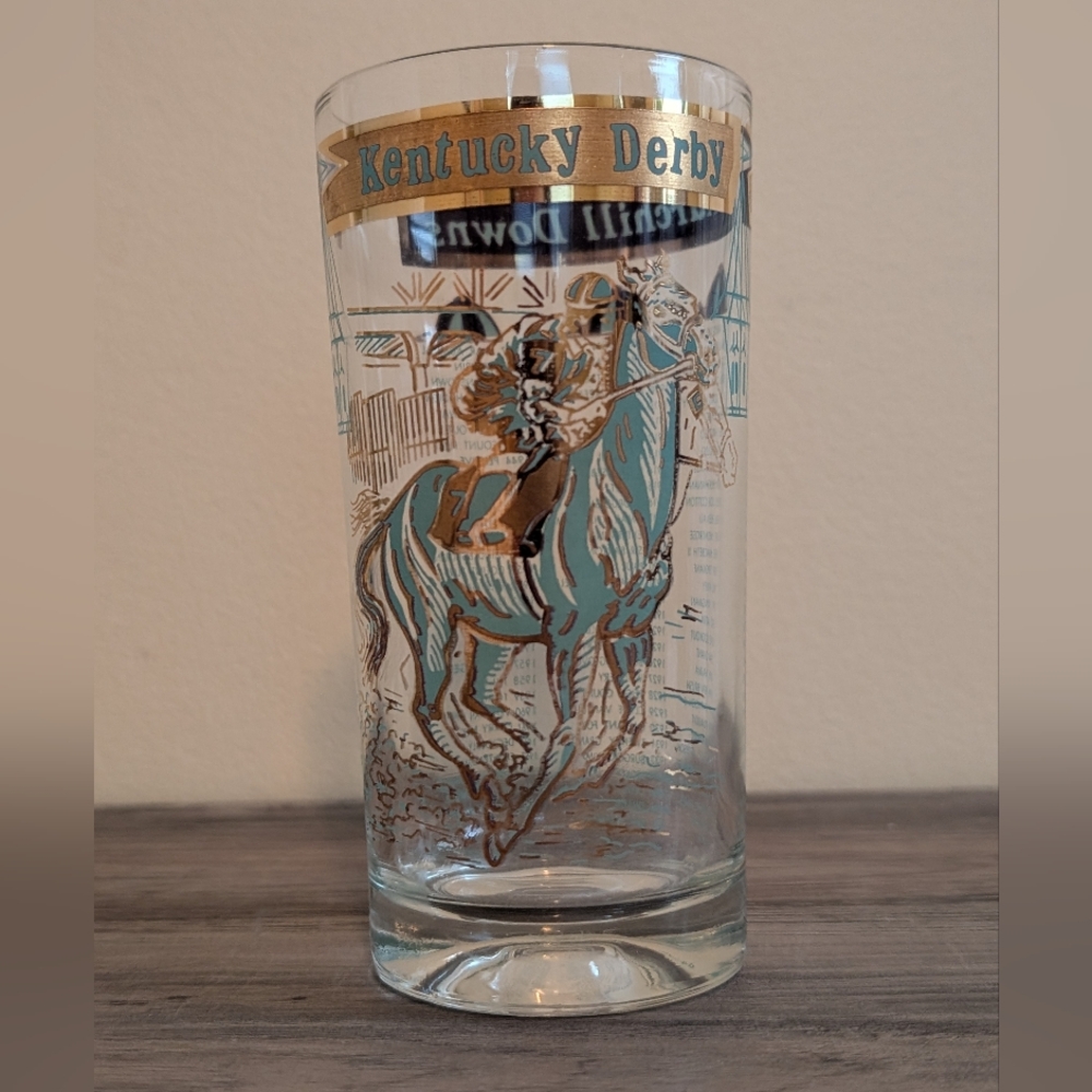 Kentucky Derby Gold & Teal Racing Horse Collectible Derby Glass 1967 Prototype